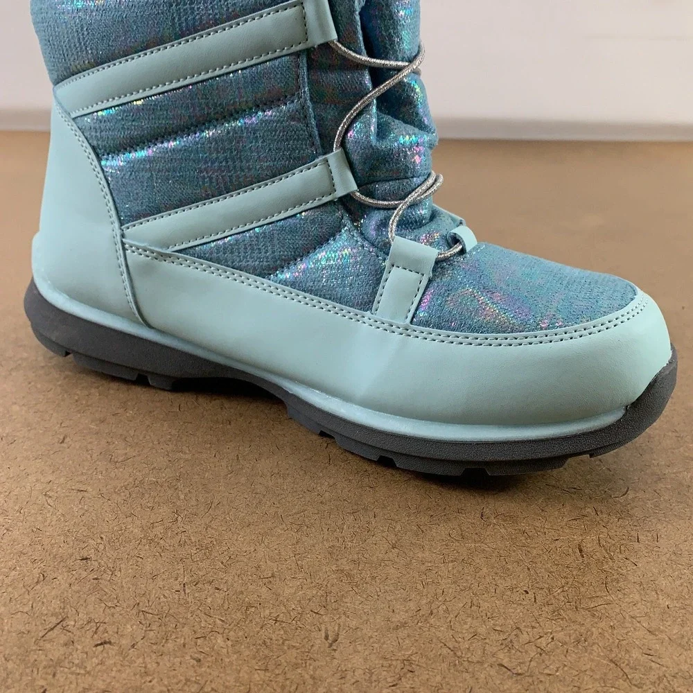 Lands End Kids Shoe Size 7 Teal Iridescent Snowflake Insulated Winter Boots NWT